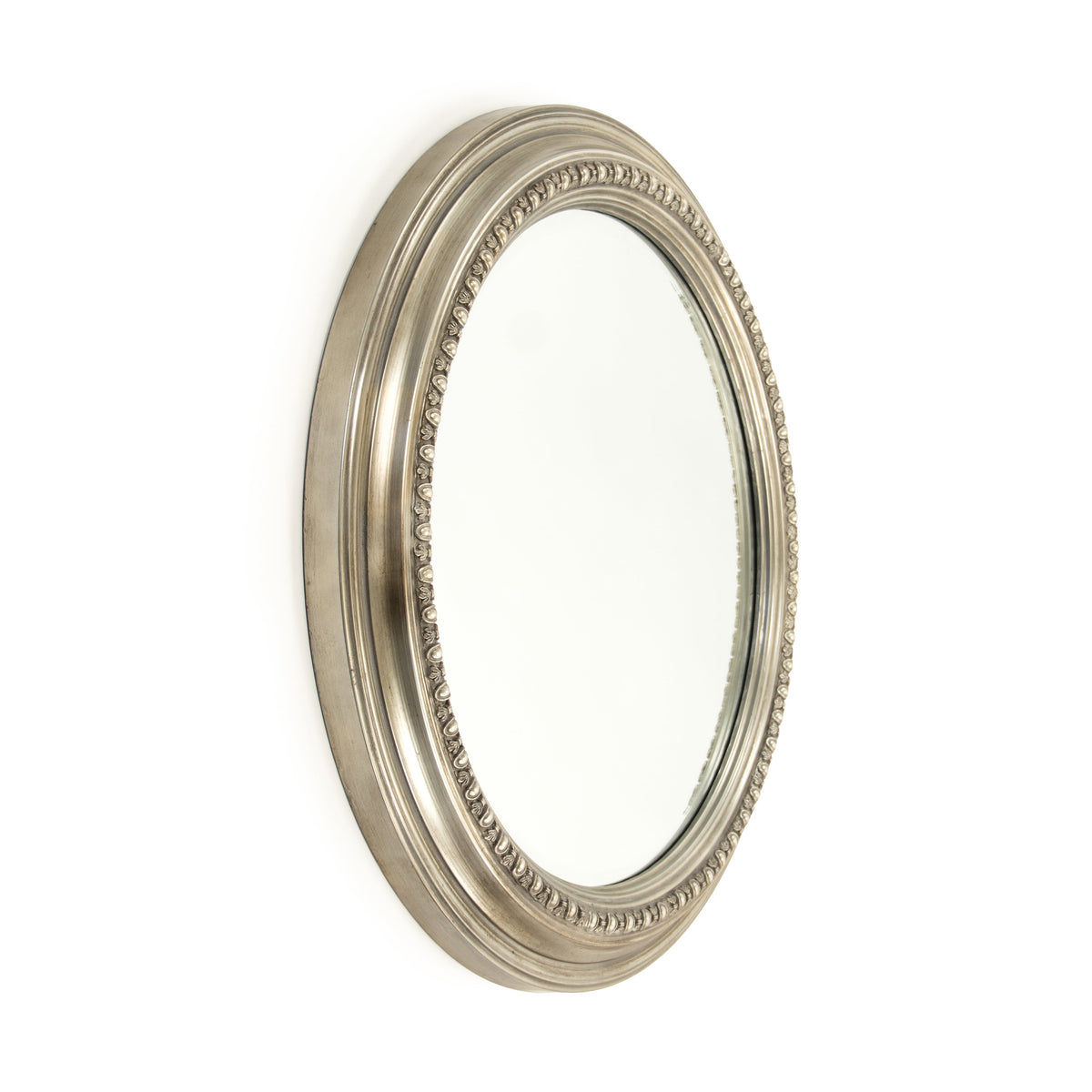 Ecran Beaded Metal Round Wall Mirror in Antiqued Silver, studio photo 2 of 3 on a white background
