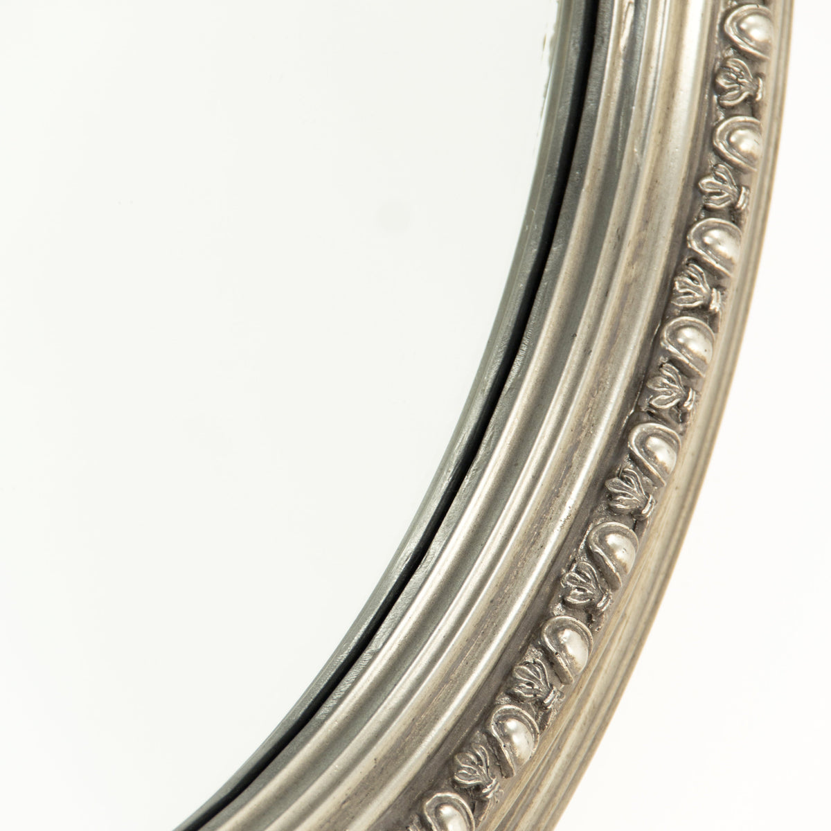Ecran Beaded Metal Round Wall Mirror in Antiqued Silver, studio photo 3 of 3 on a white background