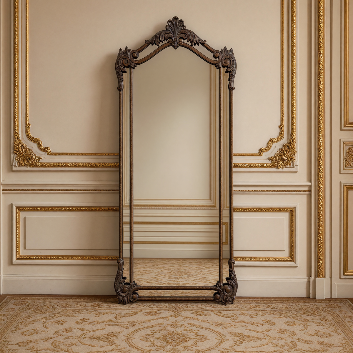 Aurelia ornate iron floor mirror in antiqued bronze-brown leaning on a gilded ivory boiserie wall over an antique Aubusson carpet