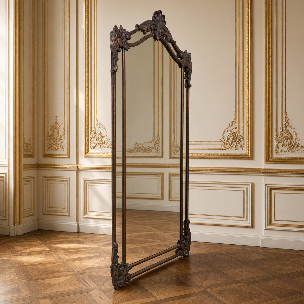 Three-quarter view of the Aurelia ornate iron floor mirror in antiqued bronze-brown against a gilded boiserie wall