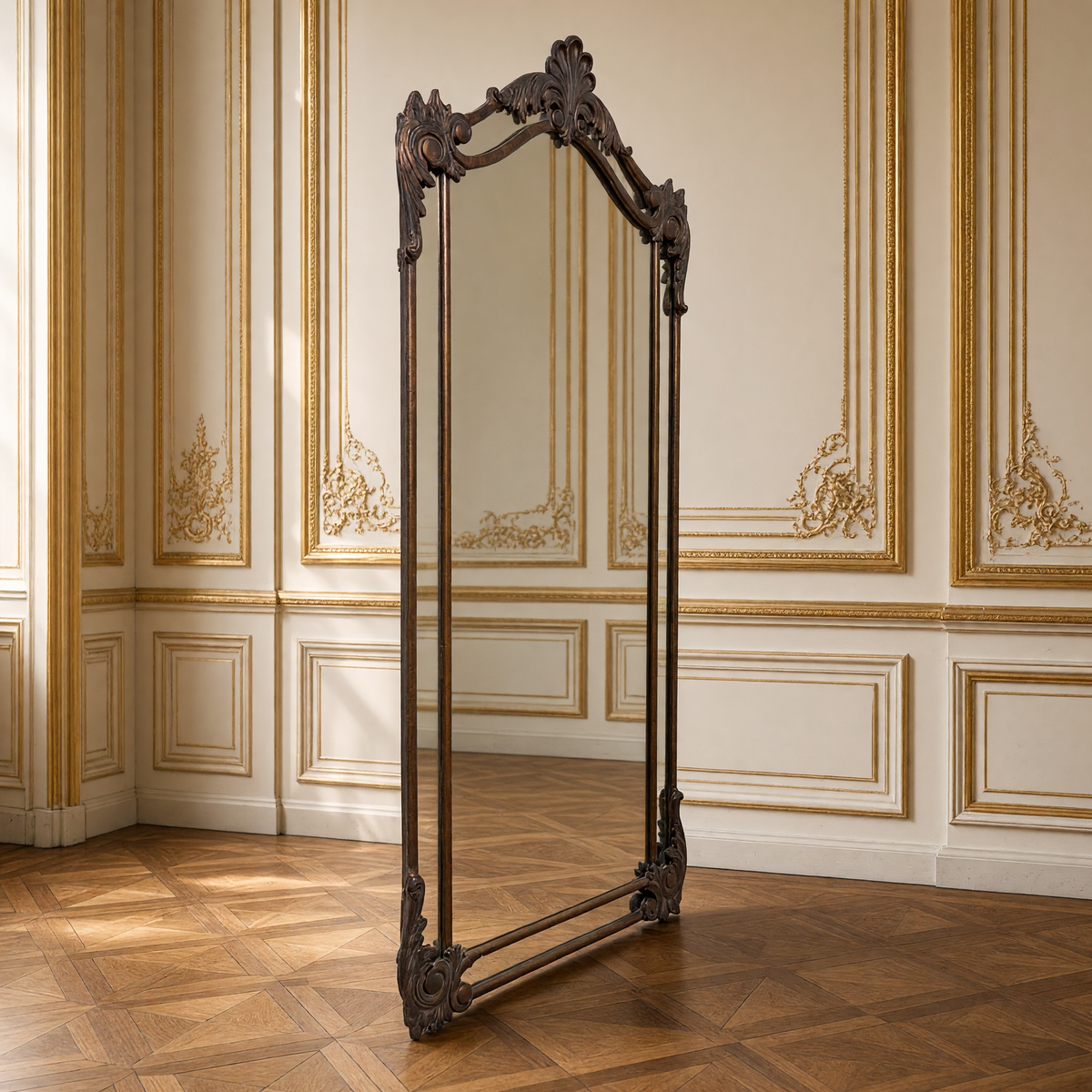 Three-quarter view of the Aurelia ornate iron floor mirror in antiqued bronze-brown against a gilded boiserie wall