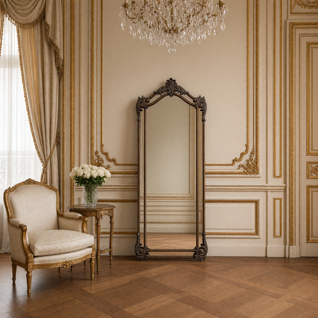 Aurelia floor mirror in antiqued bronze-brown styled in a French salon with a bergere chair, white roses and an unlit chandelier