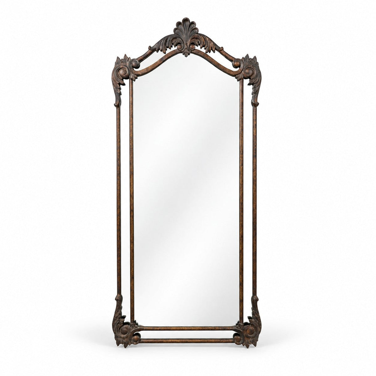 Aurelia Ornate Iron Floor & Wall Mirror in Antiqued Bronze-Brown, studio photo 1 of 3 on a white background