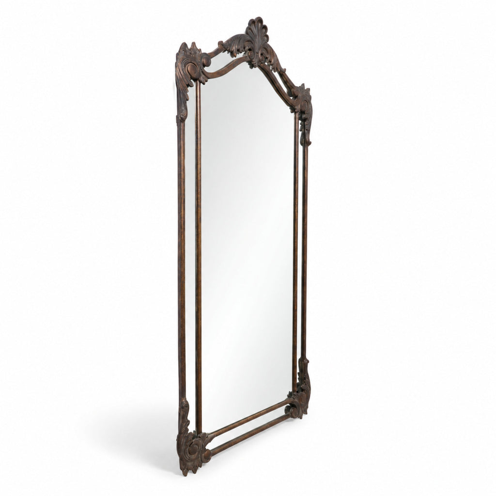 Aurelia Ornate Iron Floor & Wall Mirror in Antiqued Bronze-Brown, studio photo 2 of 3 on a white background