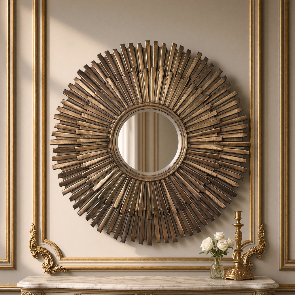 Daria sunburst mirror in antiqued gold with a gilded candlestick and white roses on a marble console below