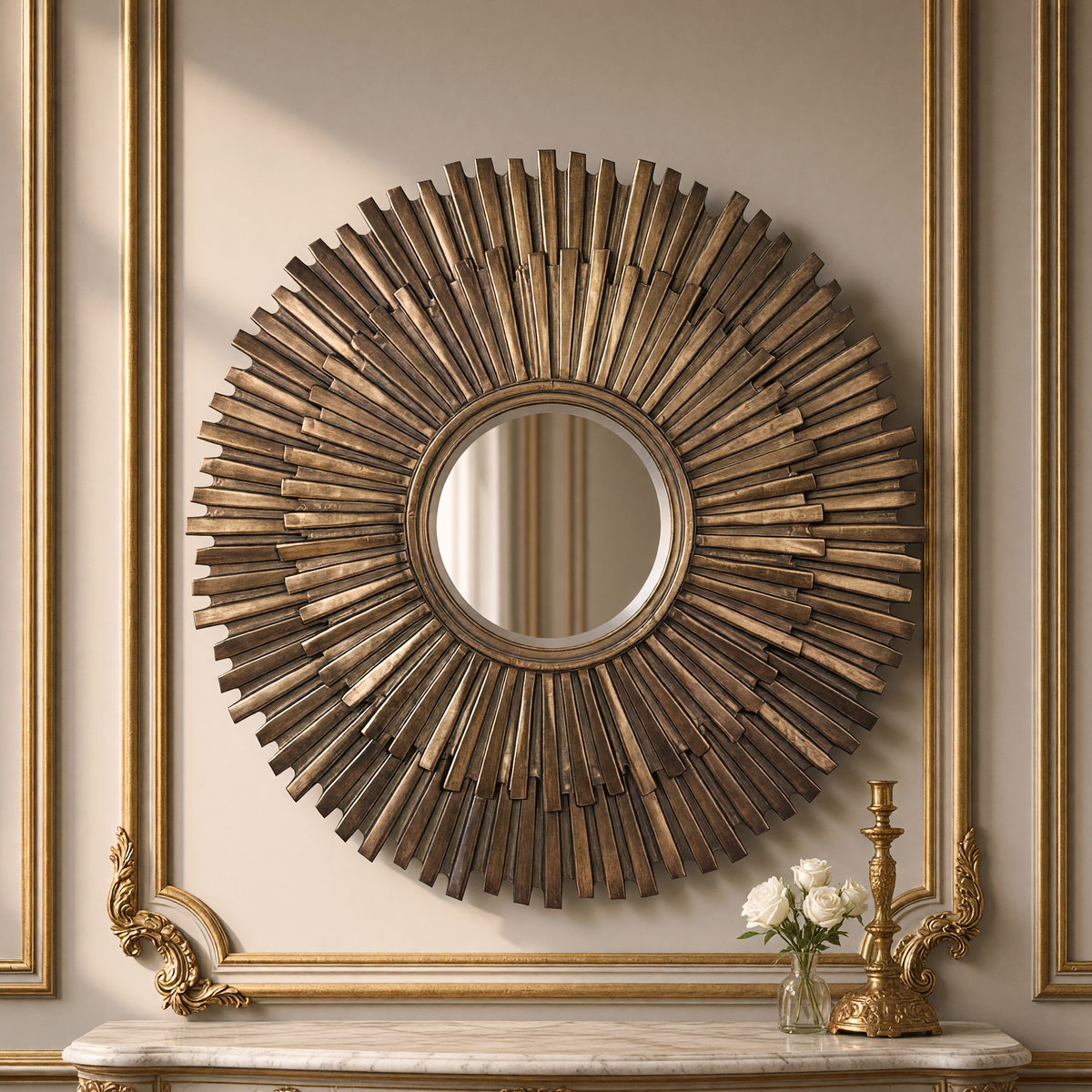 Daria sunburst mirror in antiqued gold with a gilded candlestick and white roses on a marble console below