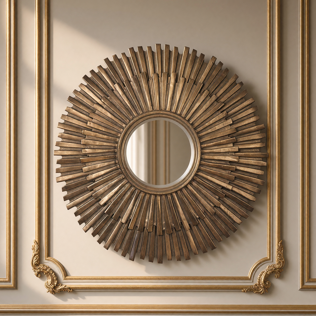 Daria sunburst iron wall mirror in antiqued gold hanging on a gilded greige boiserie wall