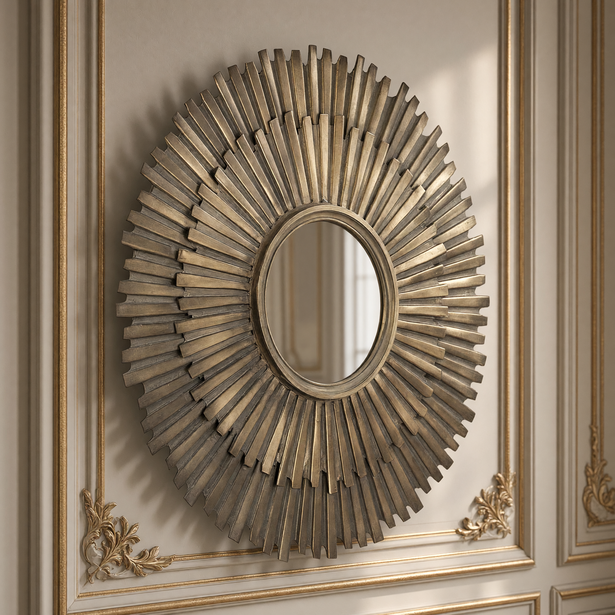 Three-quarter view of the Daria sunburst iron wall mirror in antiqued gold on a gilded boiserie wall