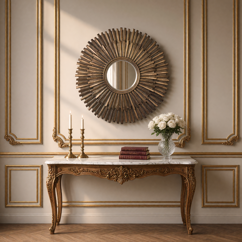 Daria sunburst mirror in antiqued gold above a marble-top console with brass candlesticks, books and white roses