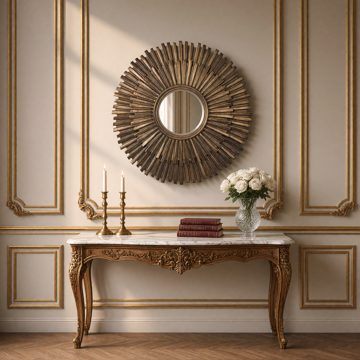 Daria sunburst mirror in antiqued gold above a marble-top console with brass candlesticks, books and white roses