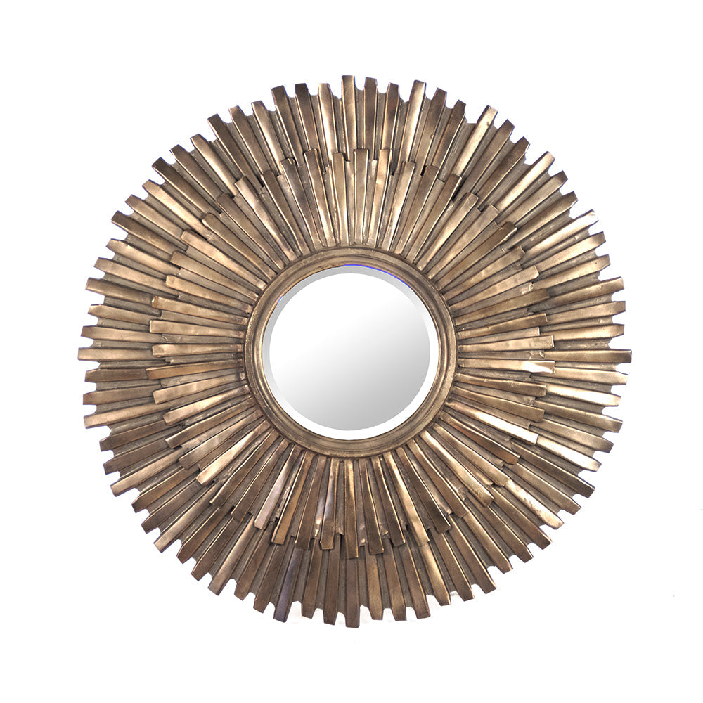 Daria Sunburst Iron Round Wall Mirror in Antiqued Gold, studio photo 1 of 2 on a white background