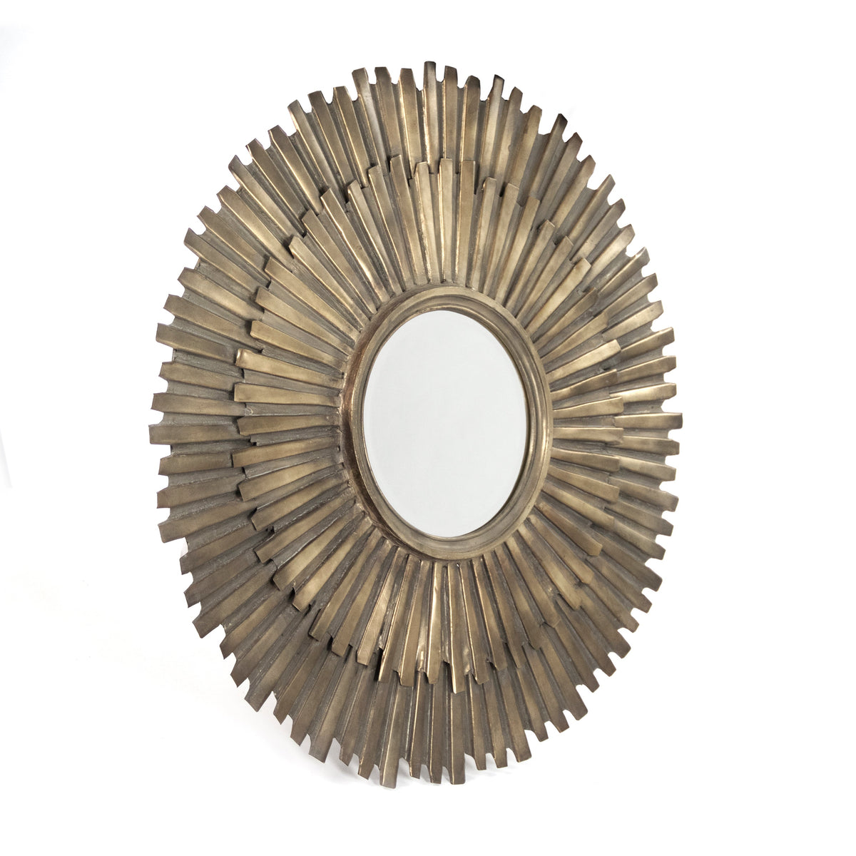 Daria Sunburst Iron Round Wall Mirror in Antiqued Gold, studio photo 2 of 2 on a white background