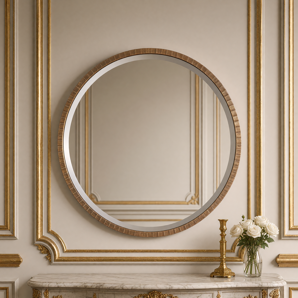 Ania round mirror in warm gold with a gilded candlestick and white roses on a marble console below