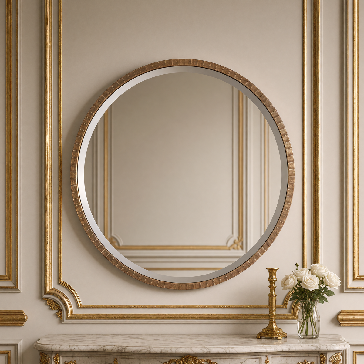 Ania round mirror in warm gold with a gilded candlestick and white roses on a marble console below