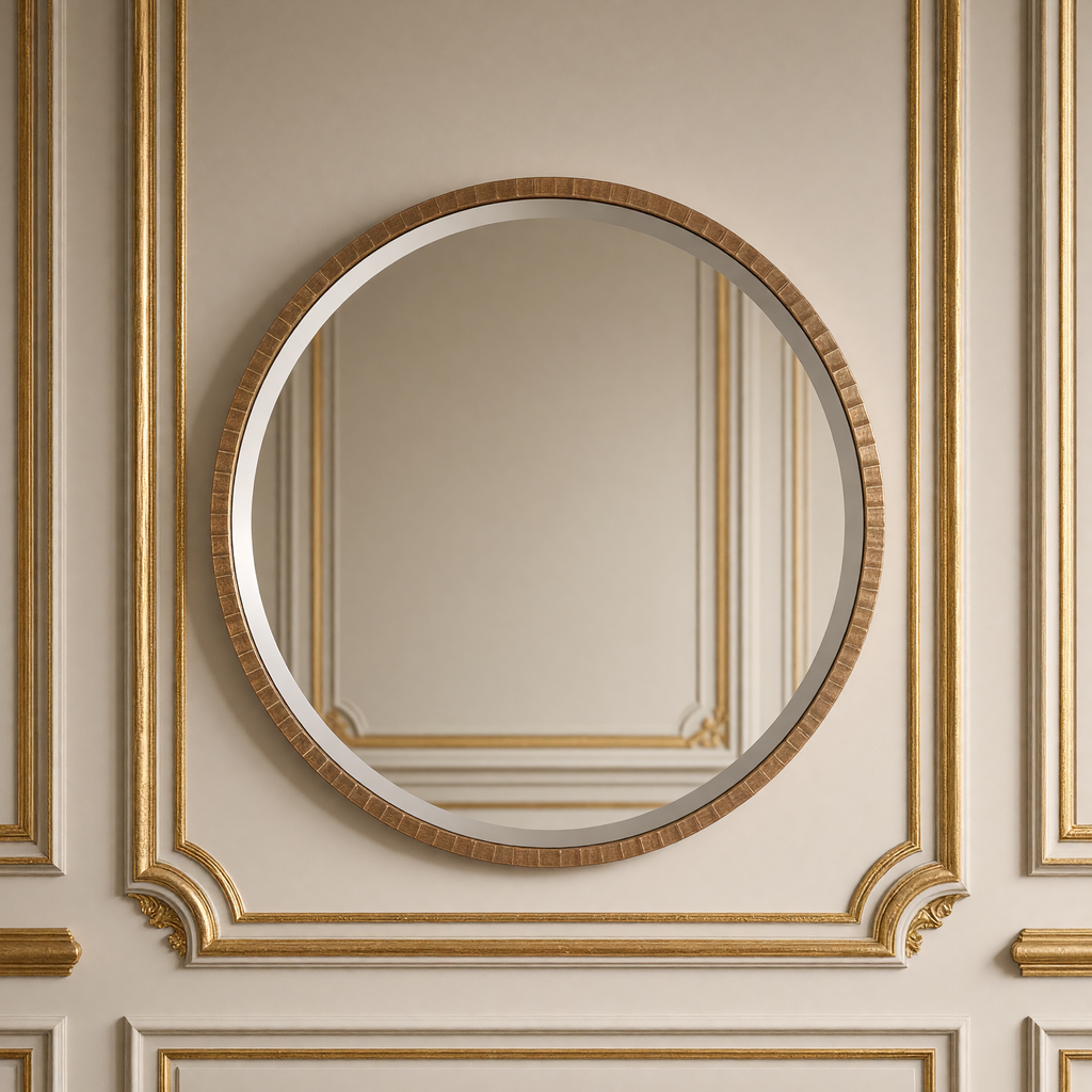 Ania textured iron round wall mirror in warm gold hanging on a gilded greige boiserie wall