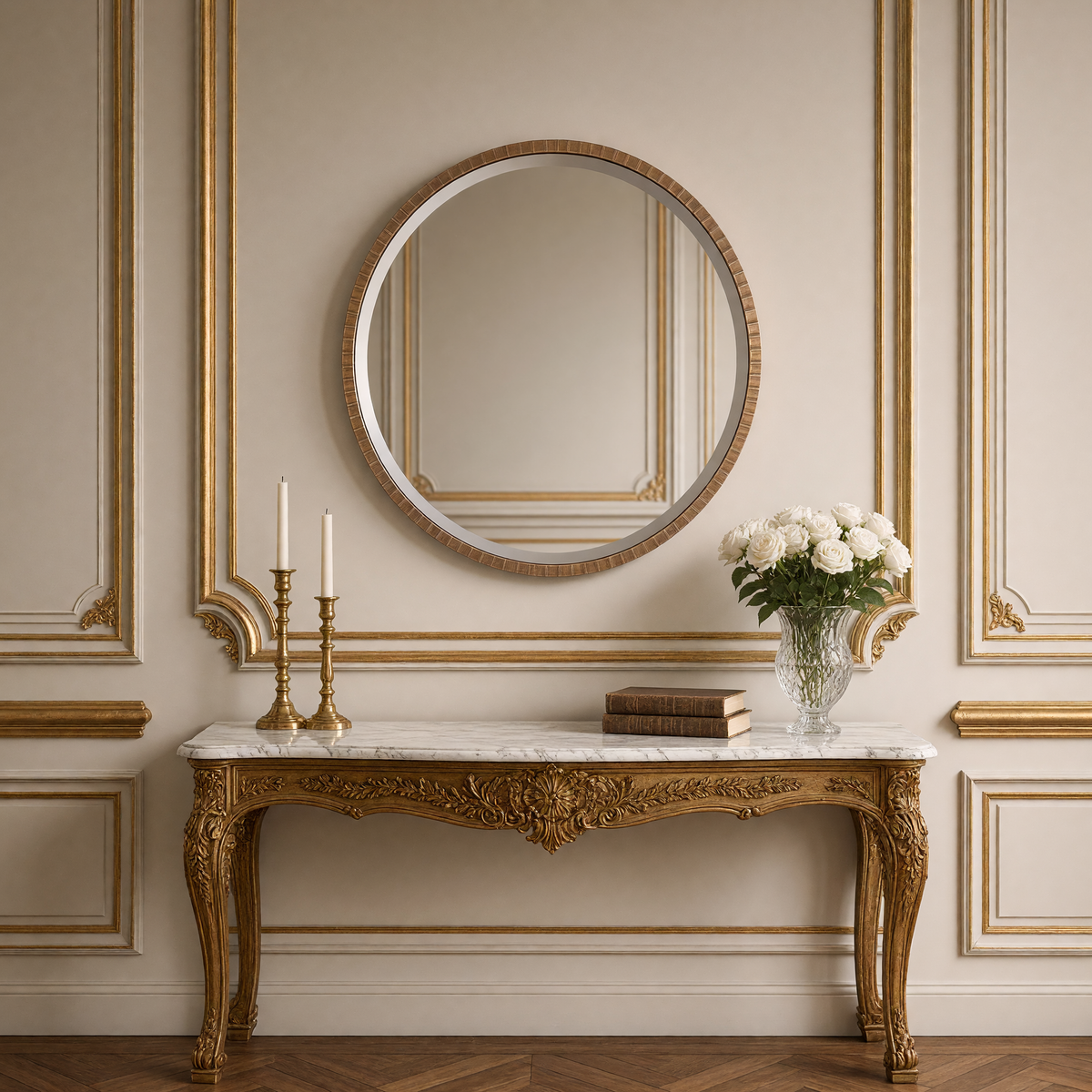 Ania round mirror in warm gold above a marble-top console with brass candlesticks, books and white roses