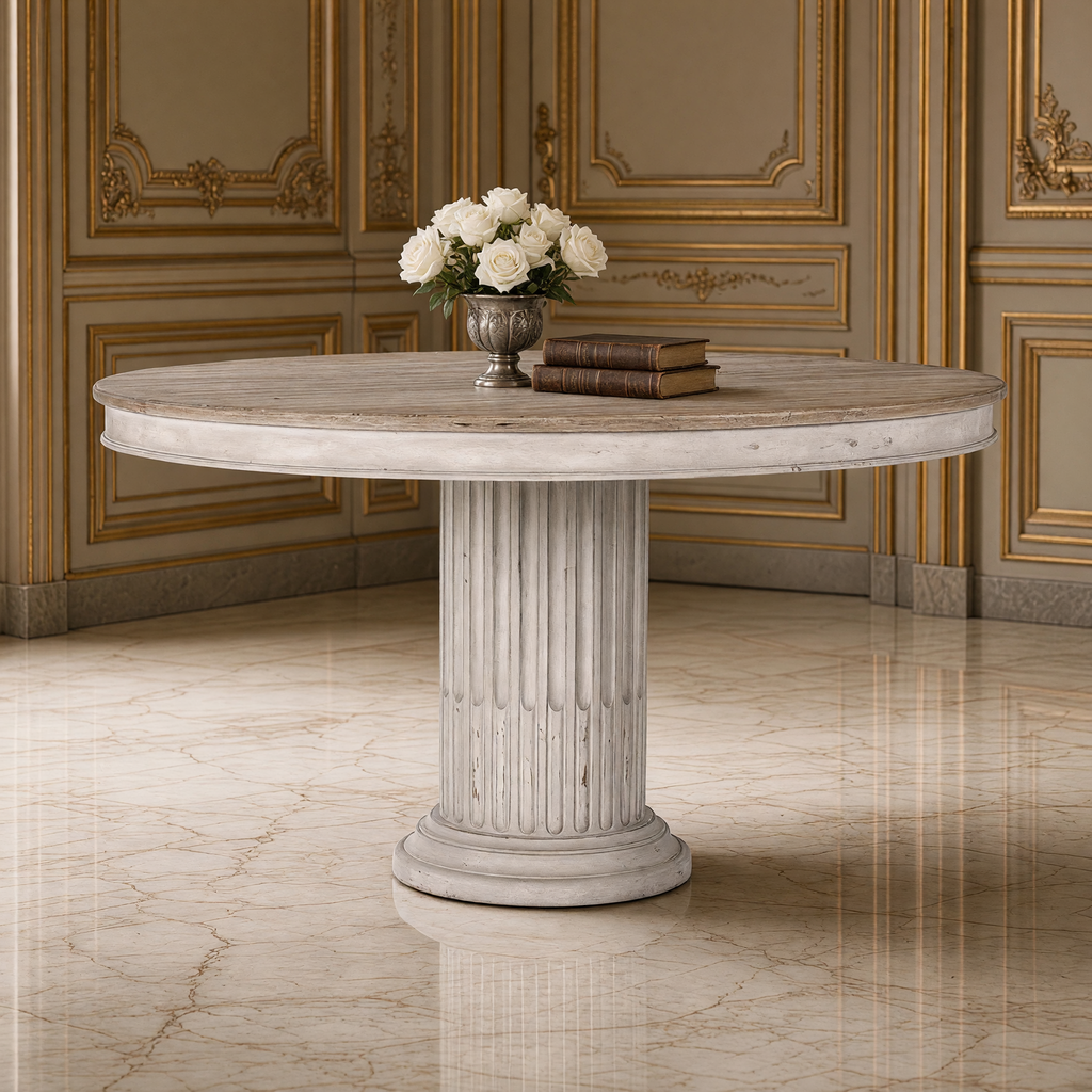 Close view of the fluted column pedestal and pale wood top of the Montpellier French Fluted Elm Pedestal Dining Table