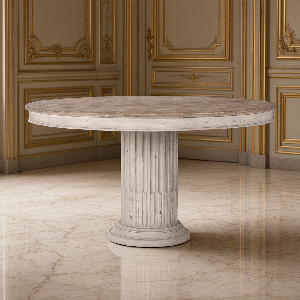Montpellier French Fluted Elm Pedestal Dining Table in a Louis XVI dining room with a cream marble floor