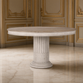 Montpellier French Fluted Elm Pedestal Dining Table in a Louis XVI dining room with a cream marble floor