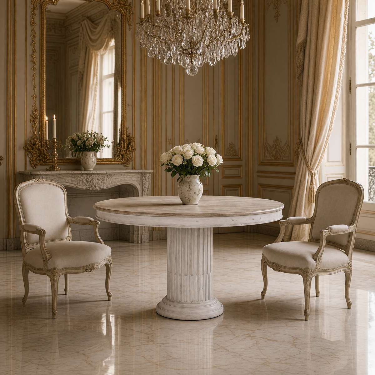 Montpellier French Fluted Elm Pedestal Dining Table styled with bergere chairs and white roses in a gilded salon
