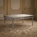 Nadine Louis XVI Carved Oak Dining Table in Limed Grey Oak on an antique Aubusson carpet in a gilded Louis XVI dining room