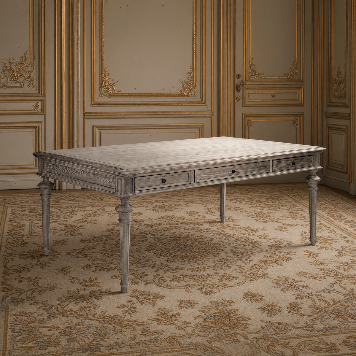 Nadine Louis XVI Carved Oak Dining Table in Limed Grey Oak on an antique Aubusson carpet in a gilded Louis XVI dining room