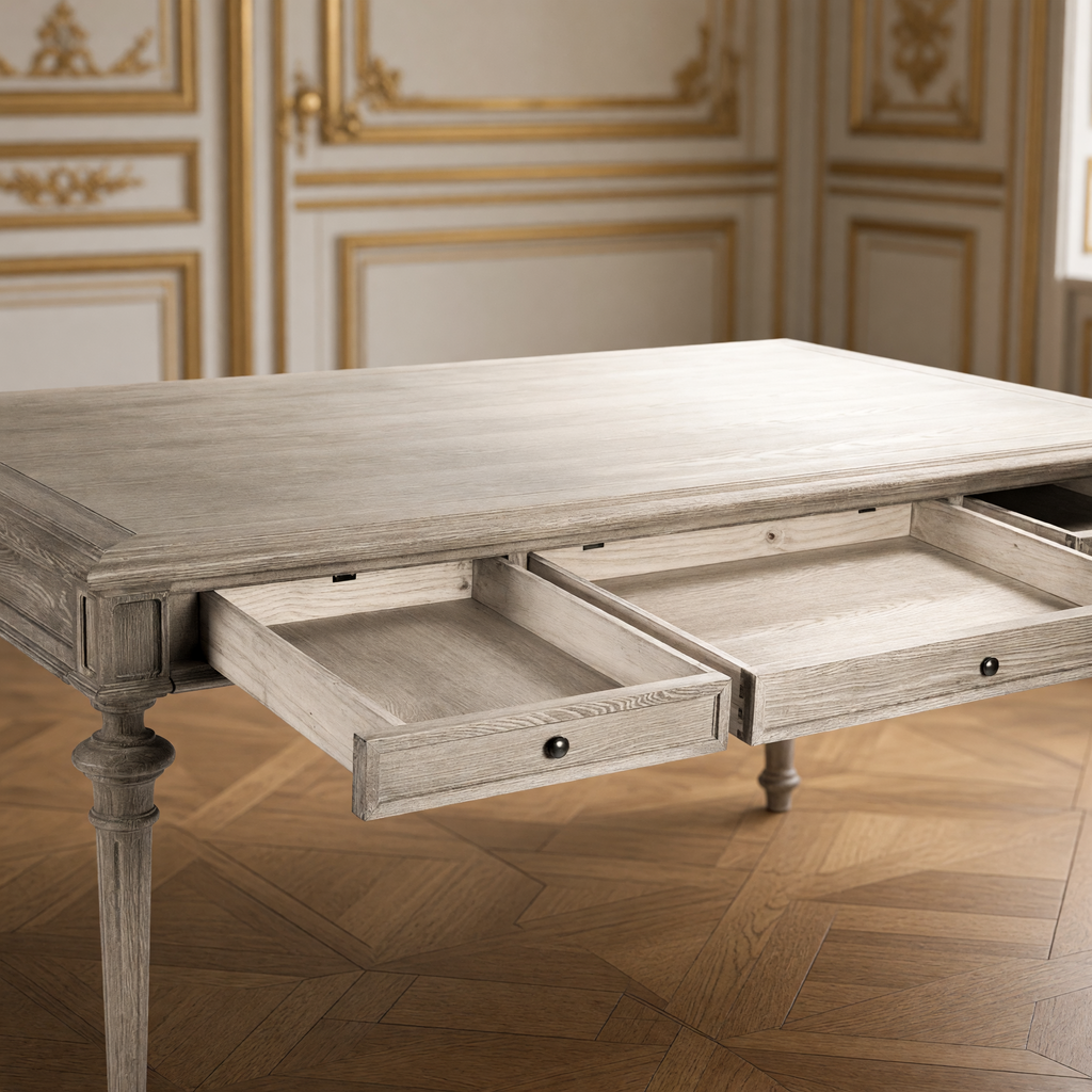 Close-up of the two open apron drawers of the Nadine Louis XVI Carved Oak Dining Table