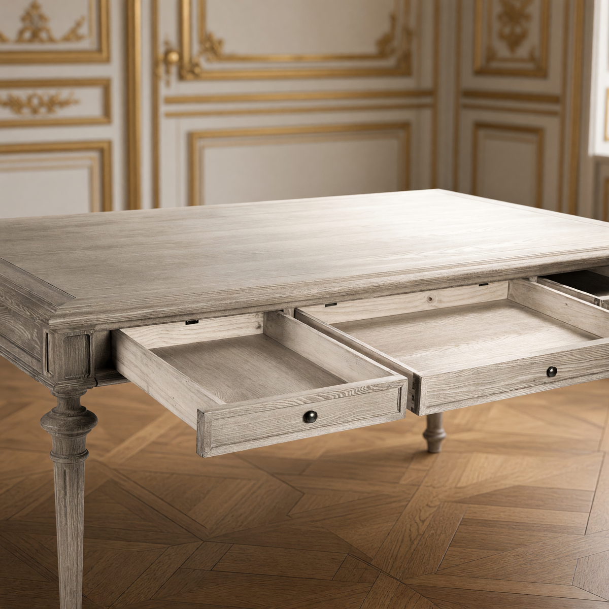 Close-up of the two open apron drawers of the Nadine Louis XVI Carved Oak Dining Table
