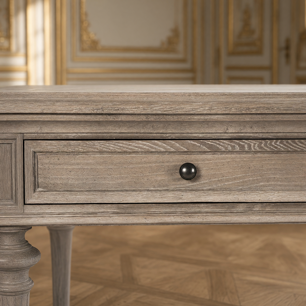 Close-up of the round drawer pull and limed grey oak grain of the Nadine Louis XVI Carved Oak Dining Table