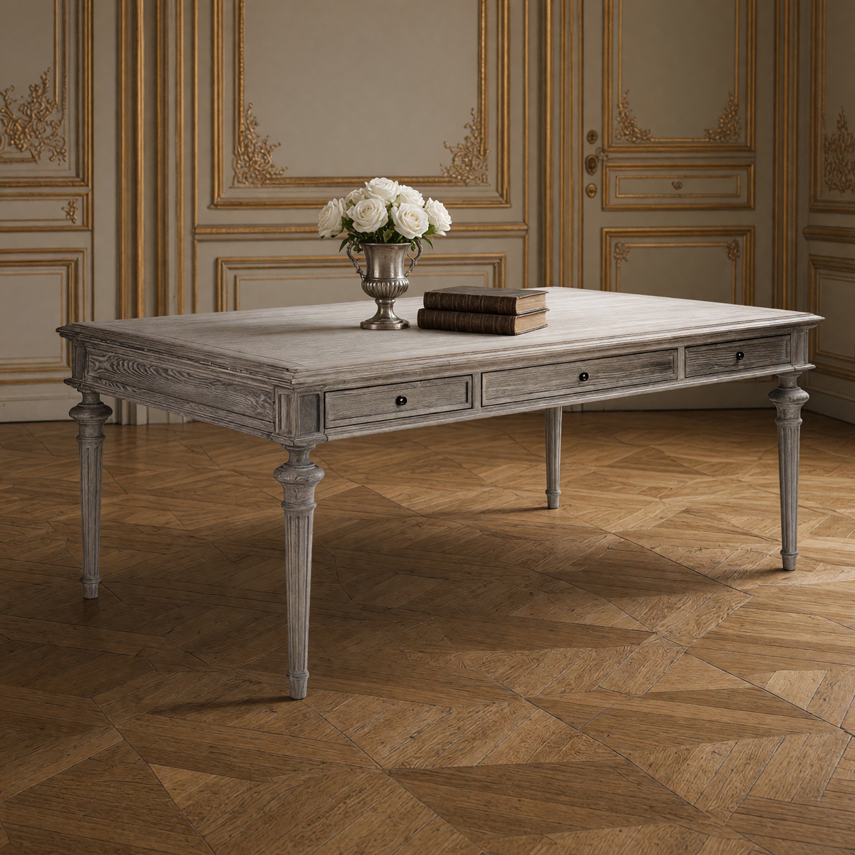 Close view of the drawer front, fluted leg and limed grey oak grain of the Nadine Louis XVI Carved Oak Dining Table
