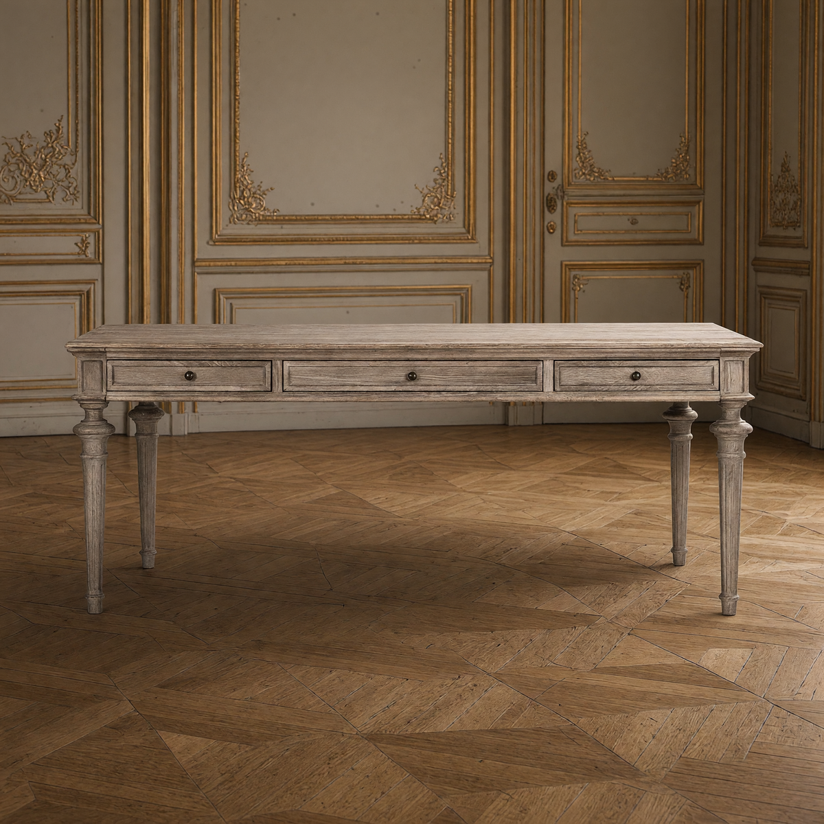 Front view of the Nadine Louis XVI Carved Oak Dining Table showing the two apron drawers