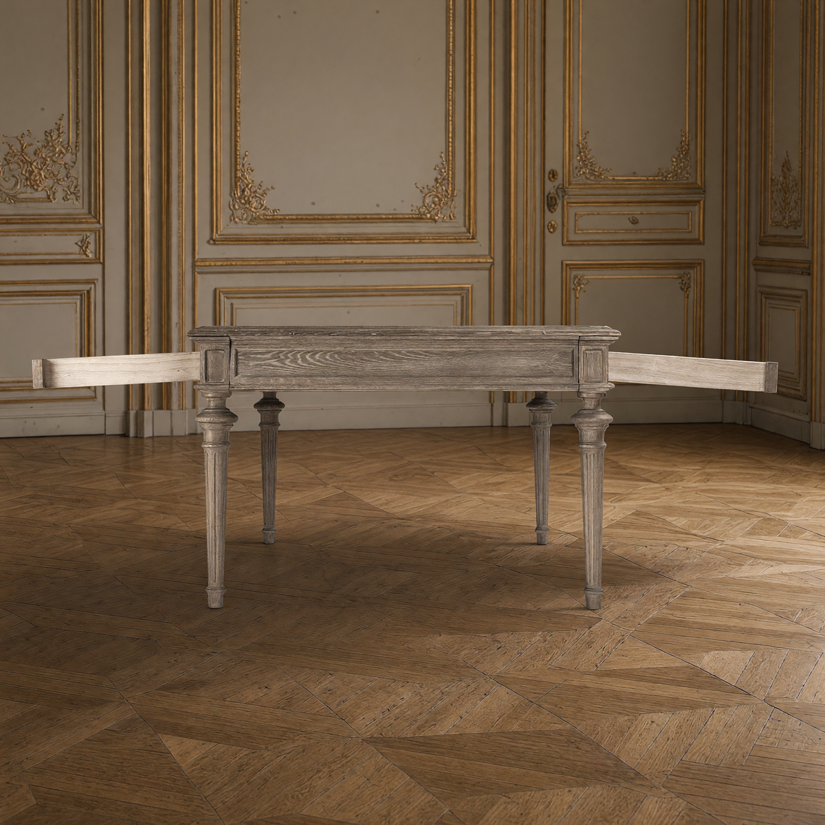 End view of the Nadine Louis XVI Carved Oak Dining Table with both apron drawers pulled open