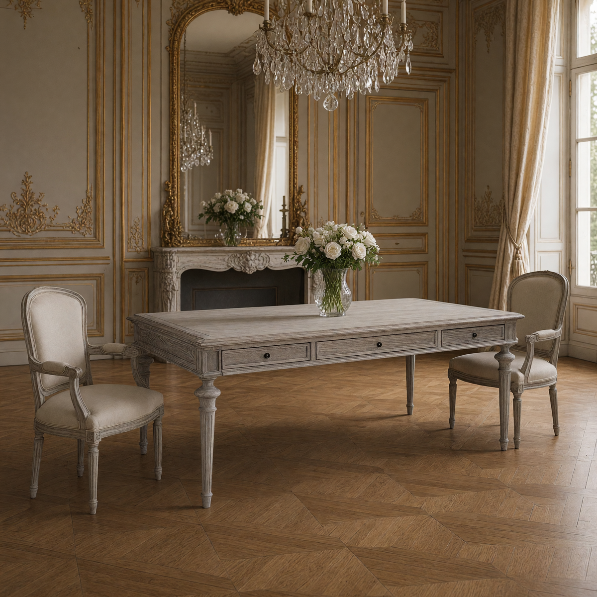 Nadine Louis XVI Carved Oak Dining Table styled with Louis XVI chairs and white roses in a gilded salon