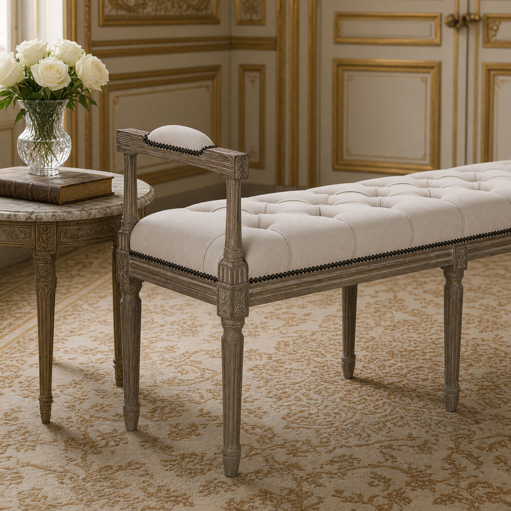 Close-up of the Nicolas French Oak Tufted Bench in Natural Linen