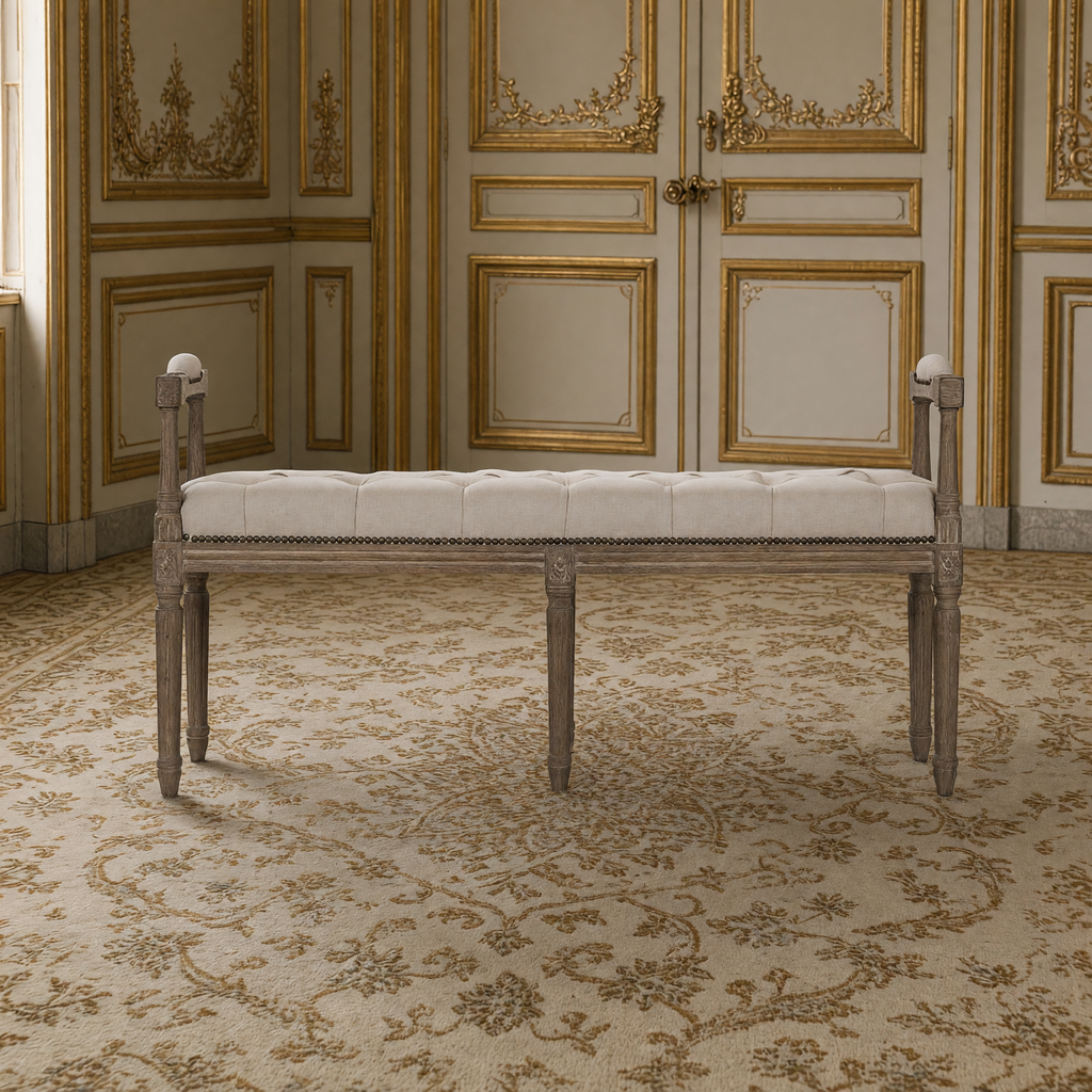Front view of the Nicolas French Oak Tufted Bench in Natural Linen
