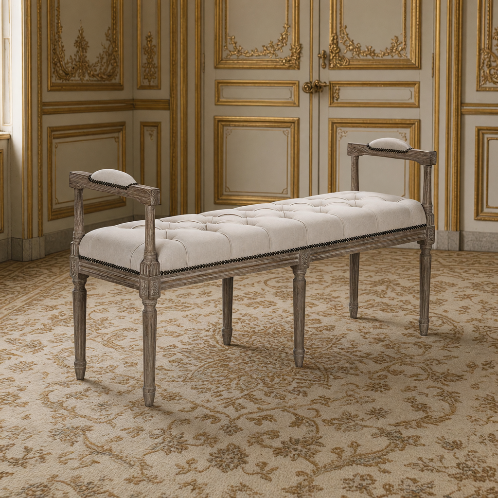 Nicolas French Oak Tufted Bench in Natural Linen, in a French salon
