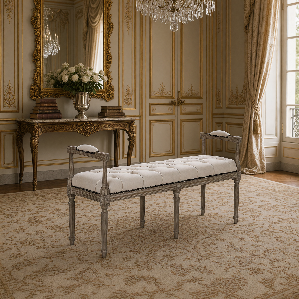Nicolas French Oak Tufted Bench in Natural Linen, styled in a French salon