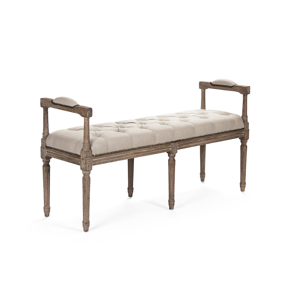 Nicolas French Oak Tufted Bench in Natural Linen, studio photo 1 of 2 on a white background