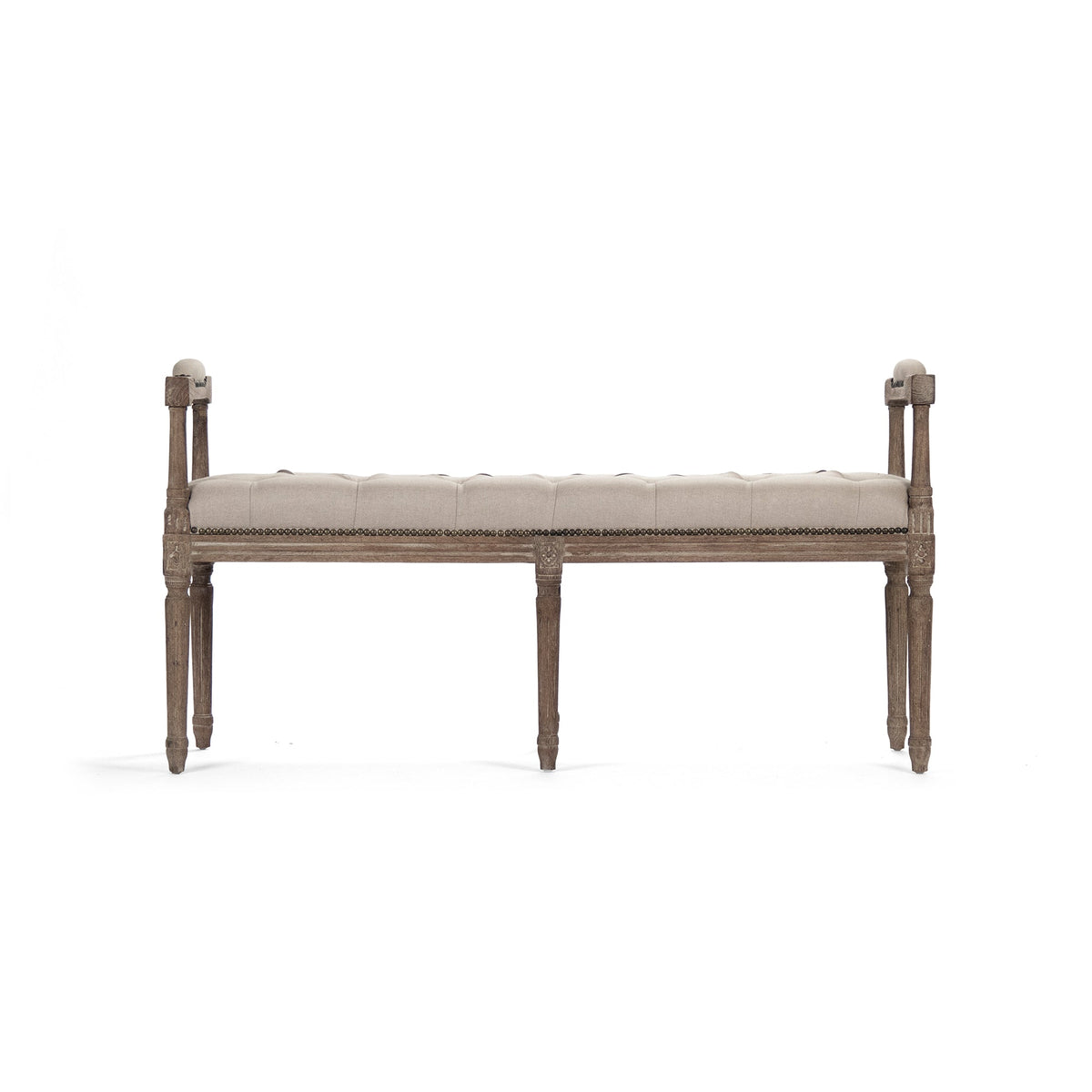 Nicolas French Oak Tufted Bench in Natural Linen, studio photo 2 of 2 on a white background