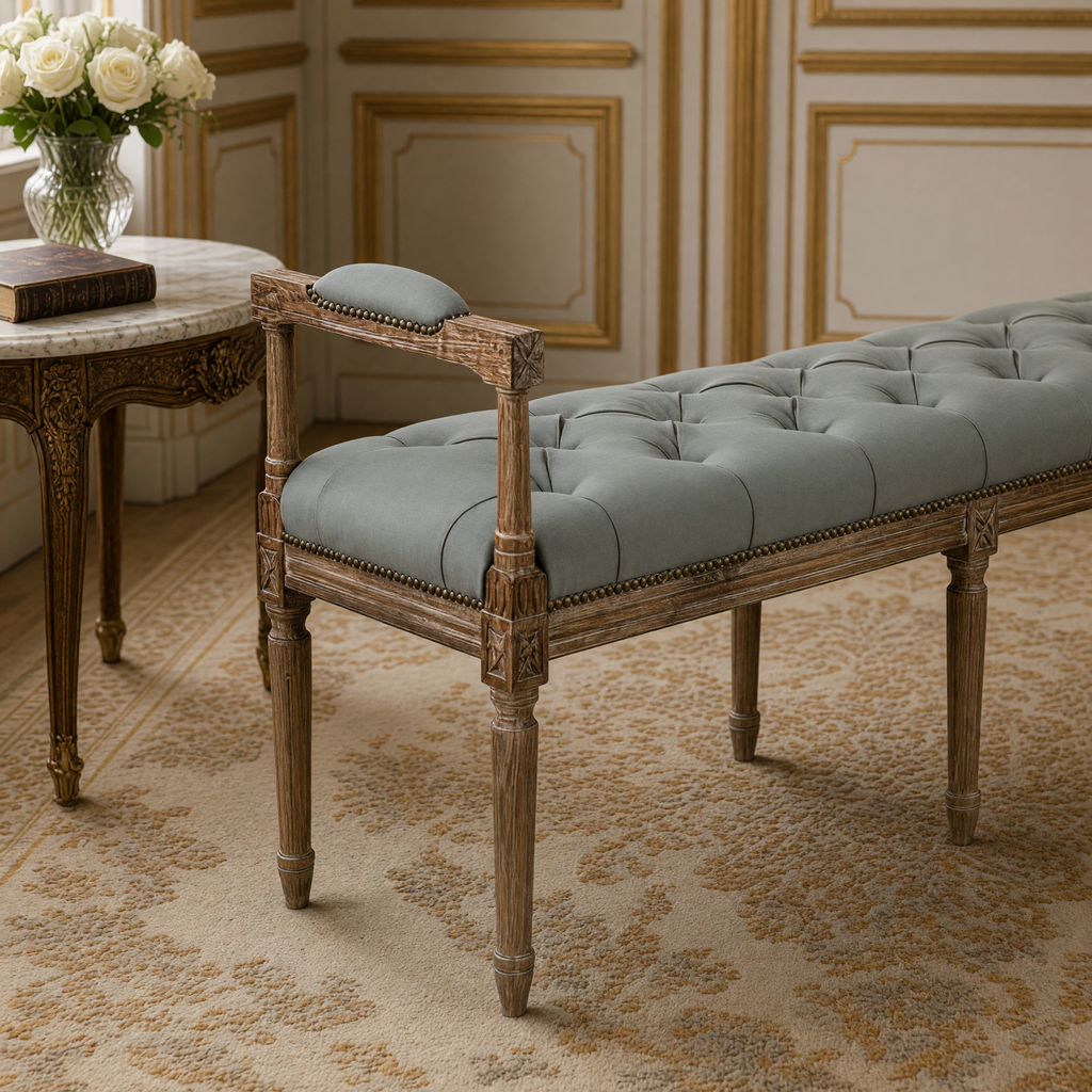 Close-up of the Nicolas French Oak Tufted Bench in Sage Cotton
