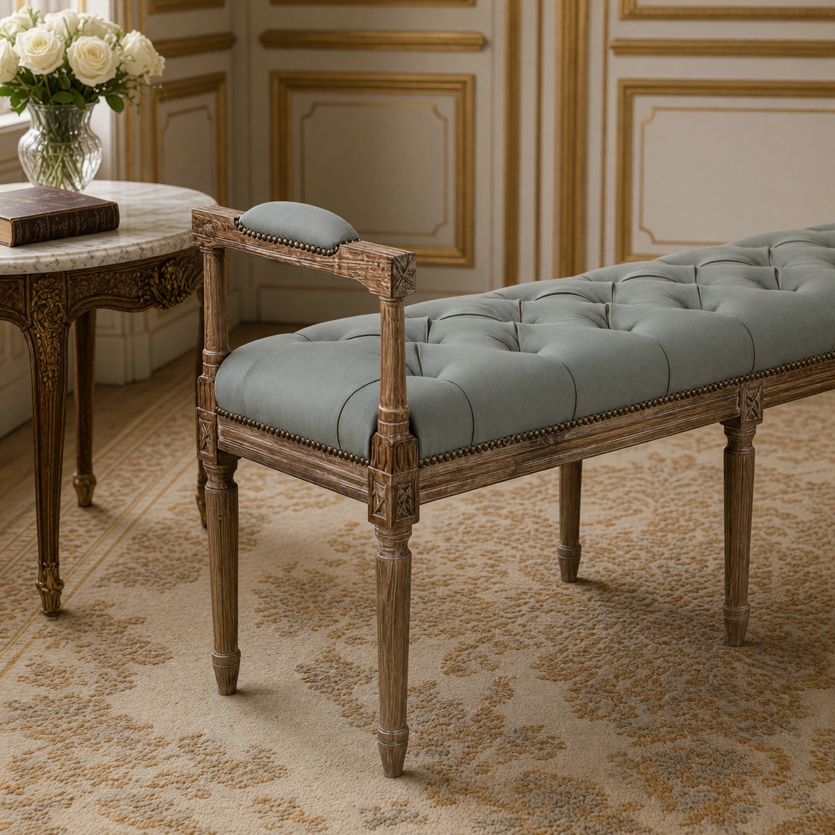Close-up of the Nicolas French Oak Tufted Bench in Sage Cotton