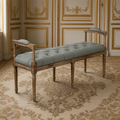 Nicolas French Oak Tufted Bench in Sage Cotton, in a French salon