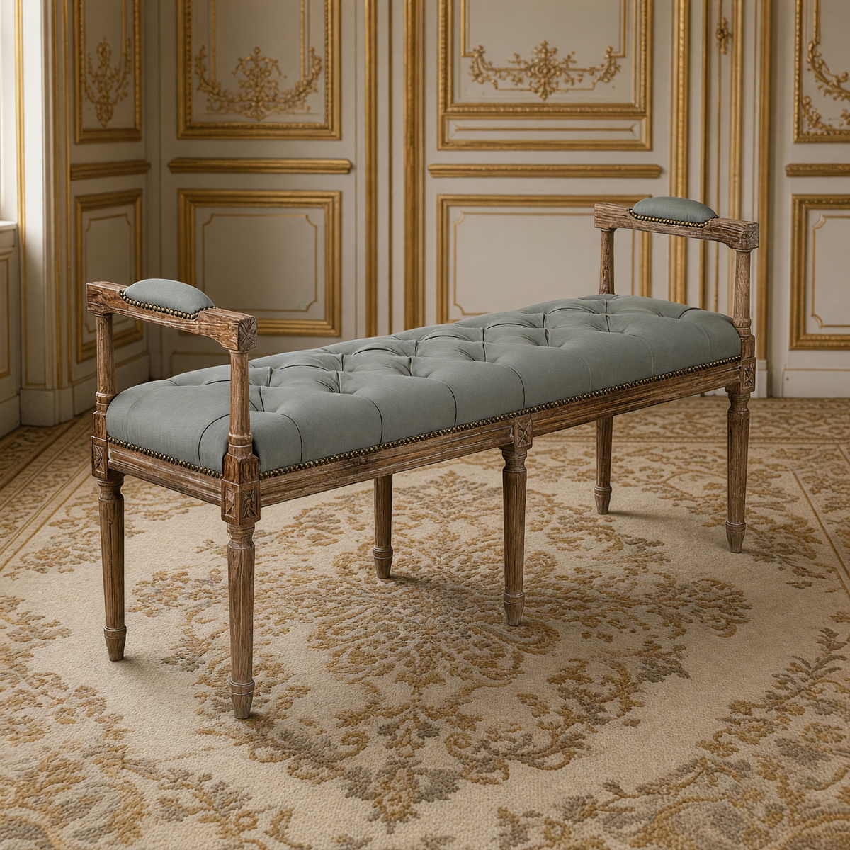Nicolas French Oak Tufted Bench in Sage Cotton, in a French salon