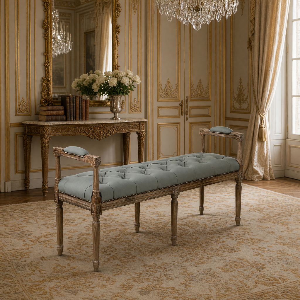 Nicolas French Oak Tufted Bench in Sage Cotton, styled in a French salon