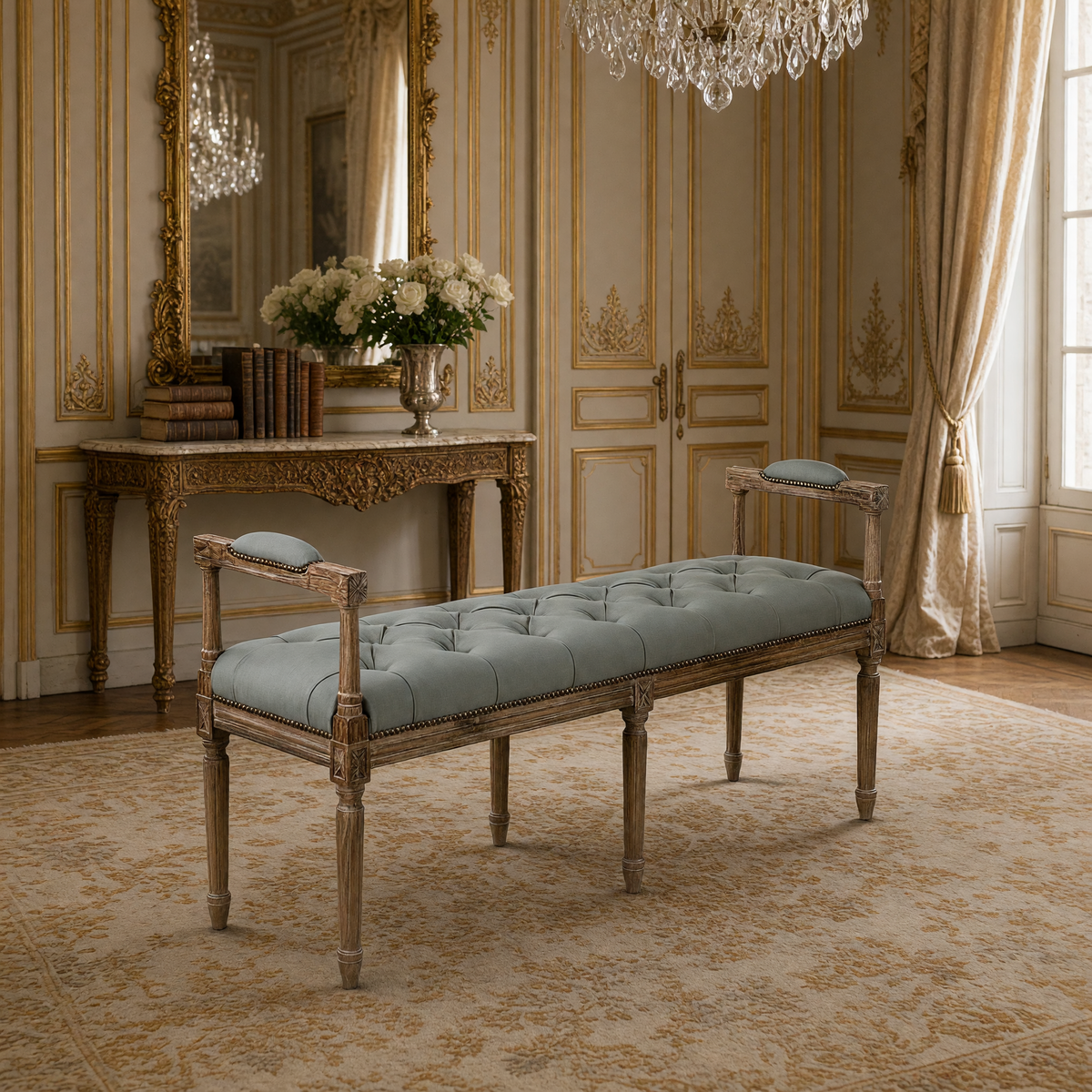 Nicolas French Oak Tufted Bench in Sage Cotton, styled in a French salon