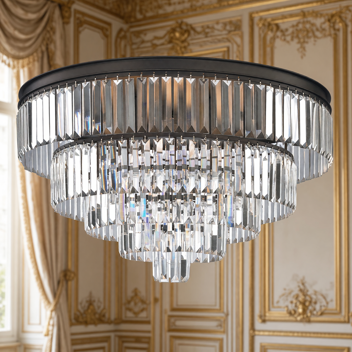 Palacial 31 inch tiered K9 crystal flush mount in oil-rubbed bronze in an ivory and gold French salon
