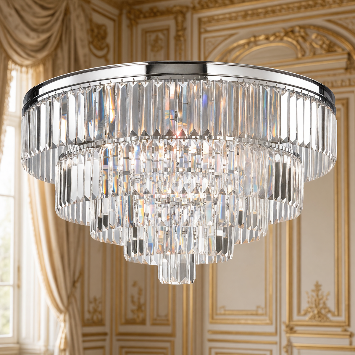 Palacial 31 inch tiered K9 crystal flush mount in polished chrome in an ivory and gold French salon