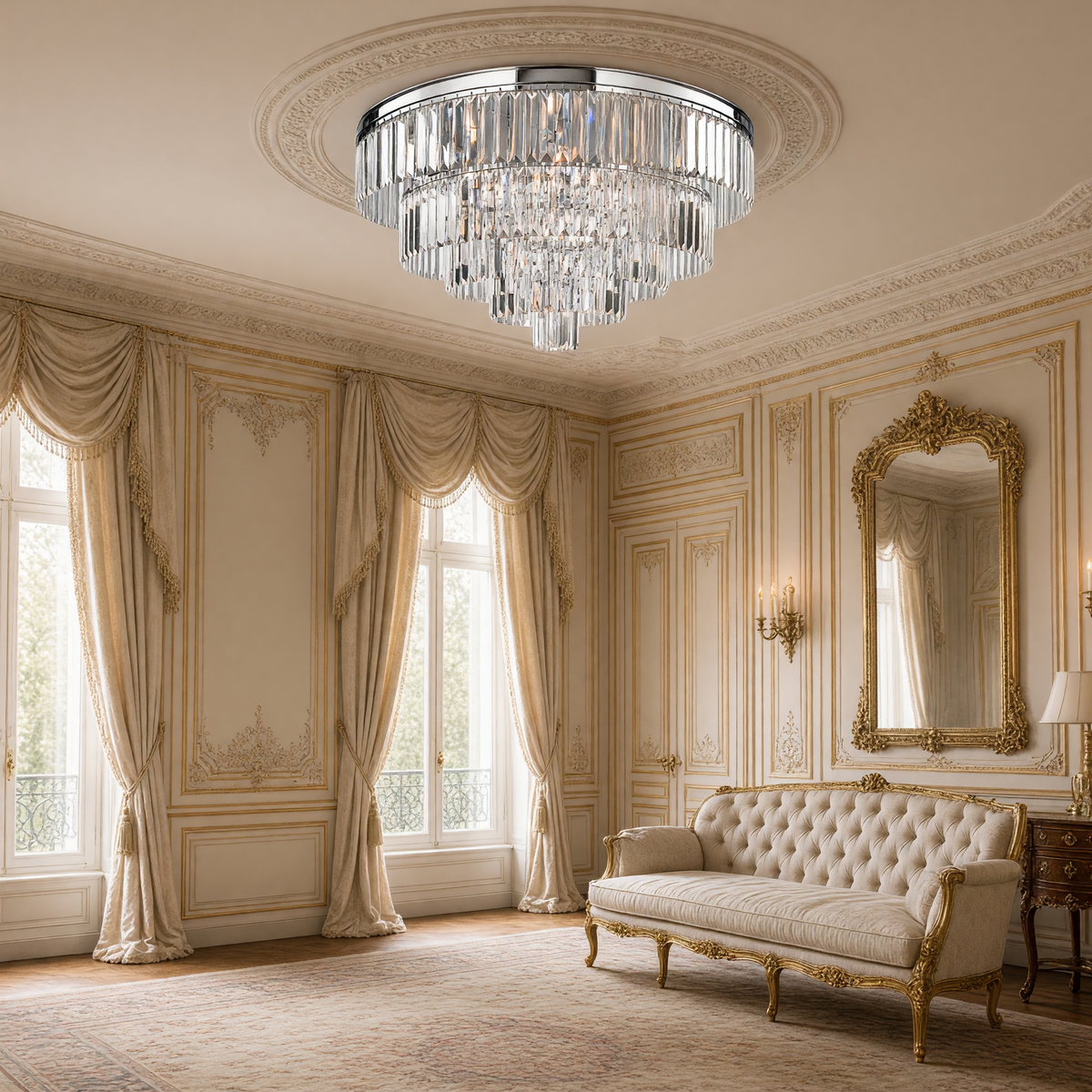 Palacial crystal flush mount on the ceiling of a Louis XVI bedroom with a gilded mirror