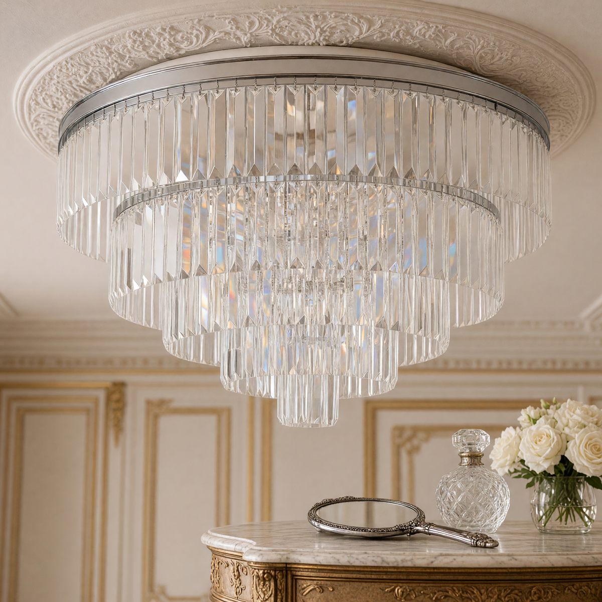Close view of the Palacial flush mount crystals above a gilded dressing table