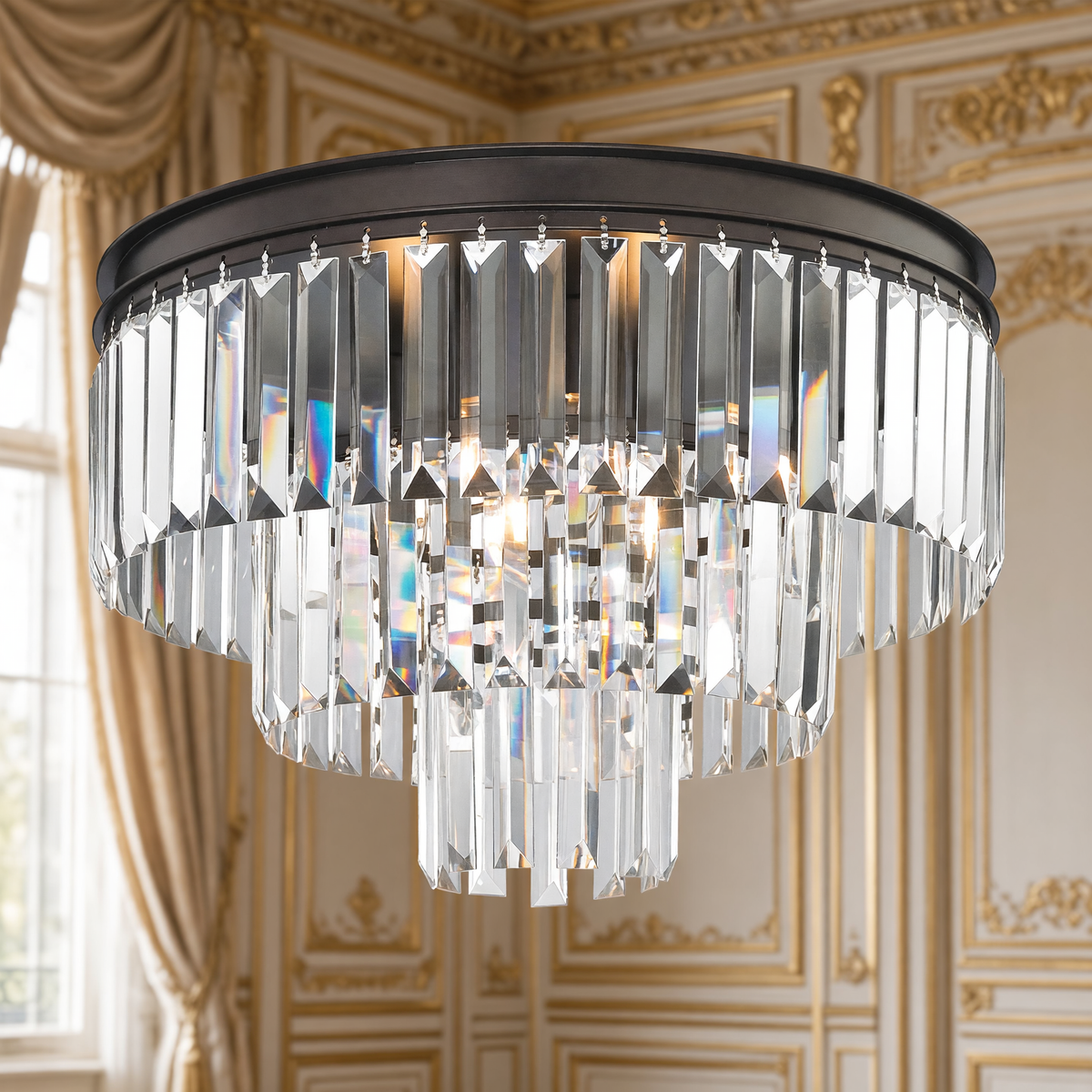 Palacial 19 inch tiered K9 crystal semi-flush mount in oil-rubbed bronze in an ivory and gold French salon